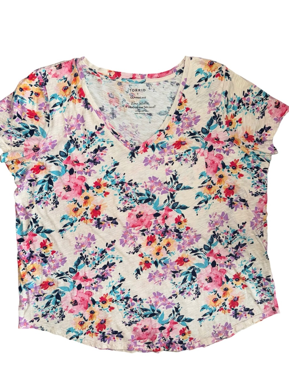 Torrid Floral V-Neck Tee Shirt Plus Size 1 Pink Cottagecore Cotton Top